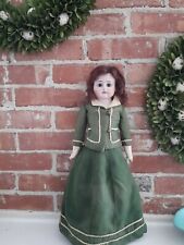 Vintage Porcelain/Cloth/Leather Doll Vintage In Green Outfit 1900 Horseshoe