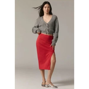 NWT!! Anthropologie MAEVE Bombshell Bow Midi Pencil Skirt Red Embroidered Large - Picture 1 of 15