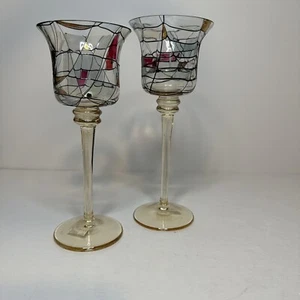 Juego de (2) soportes votivos de tulipán con tallo de mosaico de fiesta vintage de 7" y 8" - Imagen 1 de 15