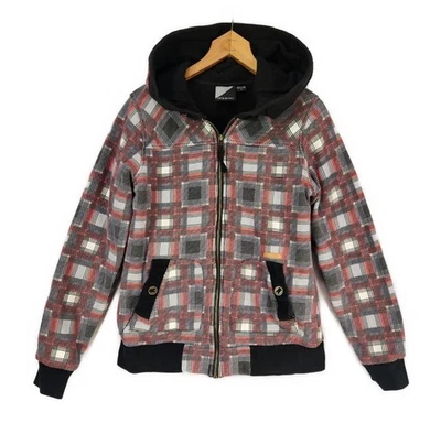 Volcom Zip Up Hoodie Women's Med Plaid Fleece Lined Red Black Street Wear Heavy - Image 1 of 4
