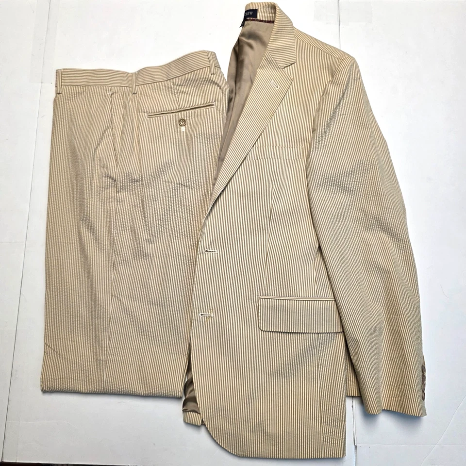 Traje J.CREW Rayas SEERSUCKER Algodón 3 Botones Para Hombre 38 R 32x31 Beige Tostado ALGODÓN Foto 1 de 4