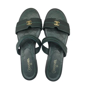 Chanel Sandalen Damen 38,5 8,5 Kalbsleder grün gold Pantoletten Leder Riemchen - Bild 1 von 14