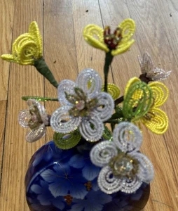 Vintage Stem French Glass Seed Beaded Flower Bouquet *Lot of 6-Flowers *EX+++ - Picture 1 of 13