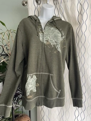 Made for Life Sweatshirt Hoodie Women M Olive Full Zip, Pockets, Floral Art - Image 1 of 4
