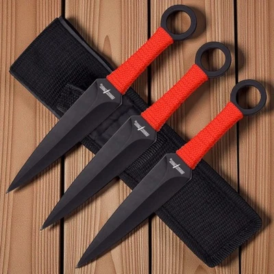 3pc 6.5" Naruto Kunai Throwing Knives Full Tang Fixed Blade Black Dagger +Sheath - Image 1 of 4
