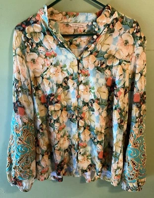 bonito SOFT AROUND L VERDE AMARILLO NARANJA FLORAL BOHO ELEGANTE BORDADO TOP Foto 1 de 3