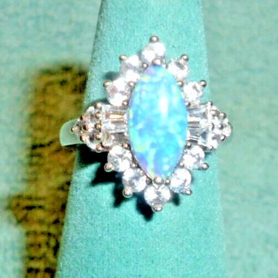 Anillo de cóctel de plata esterlina .925 marquesa ópalo de fuego zafiro blanco talla 5 1/4 Foto 1 de 4