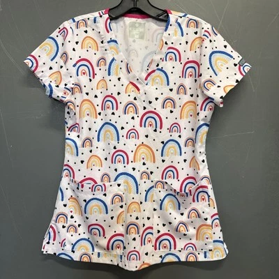 Women’s MedCouture Boho Rainbow Heart Scrub Shirt Size XS - Image 1 of 4