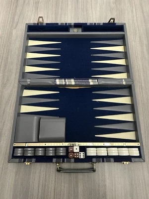 Vintage Aries Of Beverly Hills Travel Backgammon Set W/ Case Grey/Blue Plaid HTF - Image 1 of 4