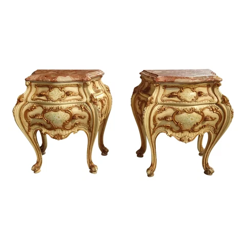 Vintage French Louis XVI Ornate Rococo Gold Nightstands w Marble Table Tops Cover