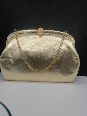 Vintage Clutch Womens Shiny Gold Purse Handbag Hollywood Regency With Chain - Image 1 of 4