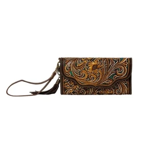 MYRA BAG MAGNOLIA LANE PORTAFOGLIO FRIZIONE A MANO IN PELLE TOOLED DA POLSO NUOVO CON ETICHETTE - Foto 1 di 4