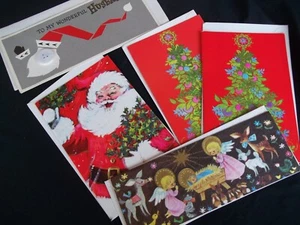 Vintage unbenutzte Weihnachtskarte Weihnachtsmann Knopf Gesicht Krippe Santa 50-60er Retro - Bild 1 von 10