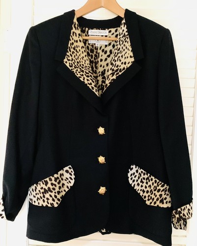 Giacca blazer VALENTINO MISS V nero e stampa leopardata taglia US 12 bottone tartaruga oro