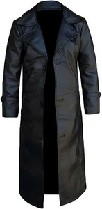 Men's Real Leather Long Winter Trench Coat Full Length Duster Black Overcoat US - Picture 1 of 8
