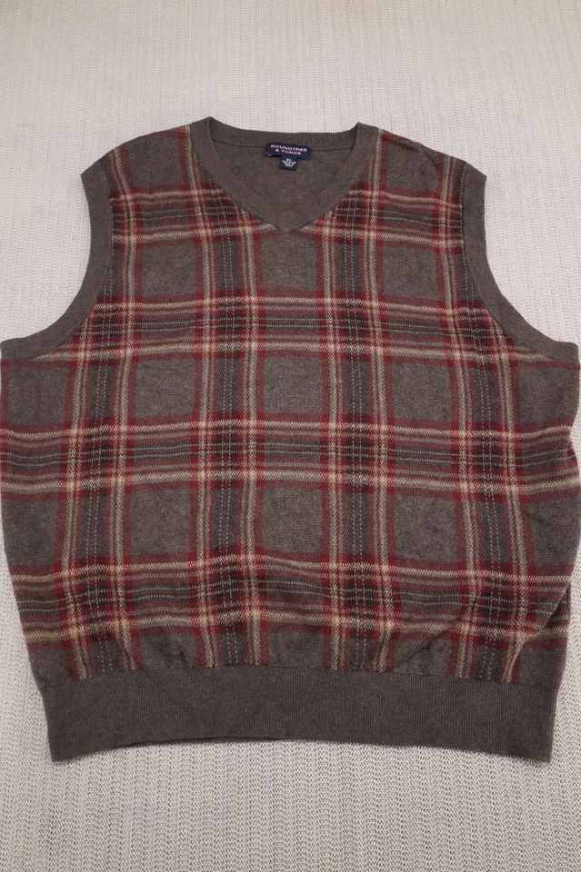 Chaleco Suéter Roundtree Yorke Para Hombres Extra Extra Grande Marrón Borgoña Cuadros Cuello en V Foto 1 de 4