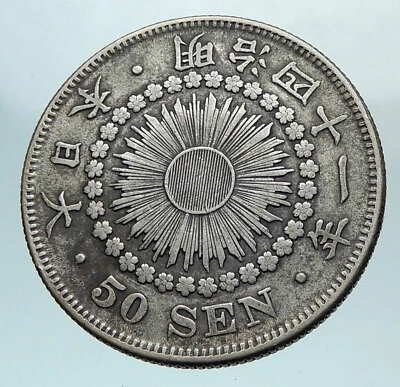 1908 JAPAN Emperor MUTSUHITO Silver 50 Sen Meiji Sunburst JAPANESE Coin i81046 - Image 1 of 3