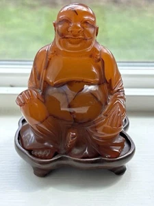 Rara statuina Buddha in bachelite ambra butterscotch intagliata vintage unica - Foto 1 di 8