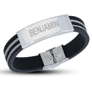 Personalised Bracelet Stainless Steel Black Rubber 8.25'' inch Any Name - Picture 1 of 3