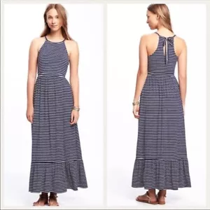 NWT Old Navy High Neck Ruffle Hem Maxi Dress, Navy/White SIZE XS #773102 O0118H - Picture 1 of 3