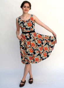 NWT Small FROCK SHOP Navy Orange Rose Cotton Pleat Dress Tie Pockets ModCloth - Picture 1 of 9