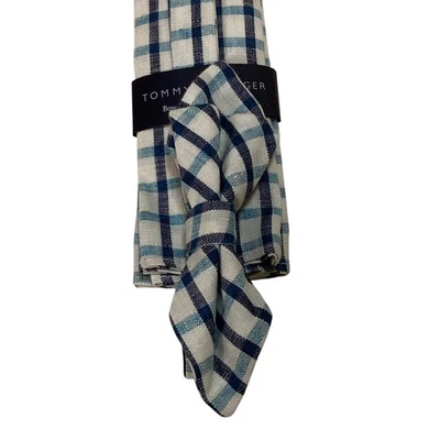 TOMMY HILFIGER Cotton BOW TIE & POCKET SQUARE Set Designer PLAID Blue/White NWT - Image 1 of 2