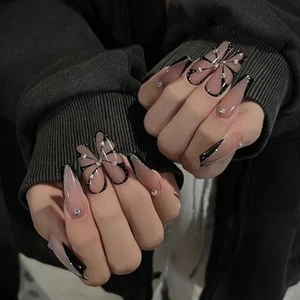 Black Butterfly Long Coffin False Nail w/ Rhinestones Fake Nail Nude French Tips - Picture 1 of 6
