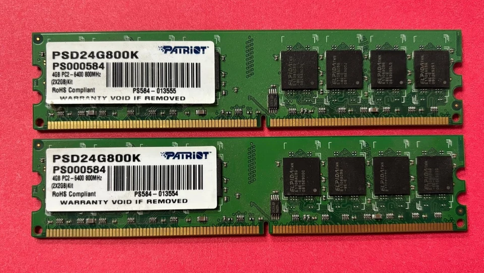 🧁Patriot 4GB (2X2GB) KIT PC2-6400 800MHz RAM MEMORY PSD24G800K - Image 1 of 2