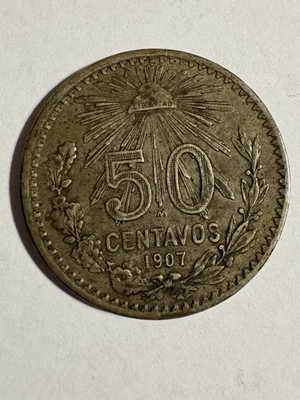 1907 Mexico 50 Centavos Silver Coin - Straight 7 - KMM #445 Liberty Cap Rays - Image 1 of 3