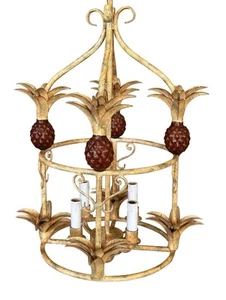 Vintage Coastal Regency Metal Tole Pineapple Hanging Chandelier Light Fixture - Picture 1 of 8