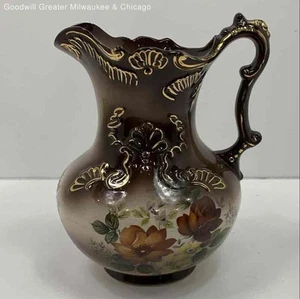 Vintage Brown Gold Trim Painted Floral Large Pitcher Signed Rogers - Bild 1 von 4