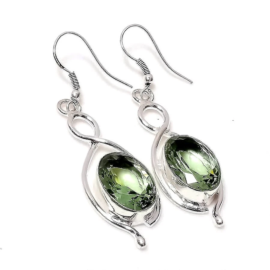 Green Amethyst Gemstone 925 Sterling Silver Handmade Dangle Earrings 1.6" - Image 1 of 4