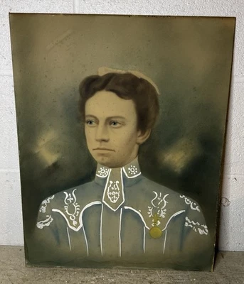 Antique Victorian Charcoal Portrait Woman Dress Colored Jewelry Brooch 16”x20” - Image 1 of 4