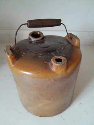 Raro Antiguo 1882 Akron Stoneware Co. Jarra de gres de doble caño con mango de fianza Foto 1 de 4