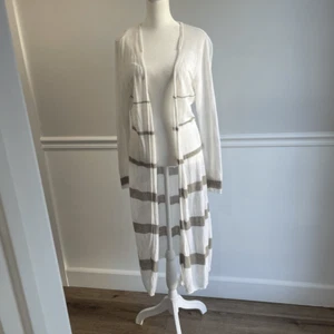 Cabi Linen Long Duster Cardigan white Gray Stripe Sweater Womens XS knit Open - Picture 1 of 16