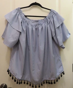 Lane Bryant 10/12 schulterfrei blau weiß gestreift Flatterärmel Bauerntop - Bild 1 von 6
