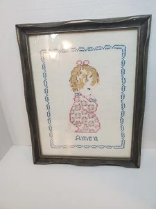Vintage Framed Cross Stitch Little Girl Praying Amen Kids Room Cottagecore - Picture 1 of 5