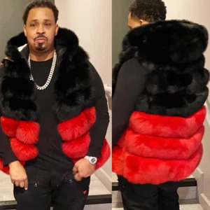 Men's Black And Red Color Real Fox Fur Hood Waistcoat Genuine Fox Fur Gilet Vest - Picture 1 of 4