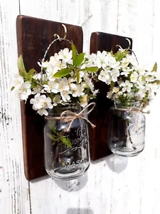 2 LARGE RECYCLED RUSTIC WOOD WALL MOUNTED FLOWER GLASS MASON JAR CANDLE HOLDER - Picture 1 of 15