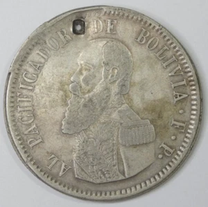 *BARGAIN* 1865 Bolivia Republic .666 Silver Melgarejo Coin General M. Melgarejo - Picture 1 of 6