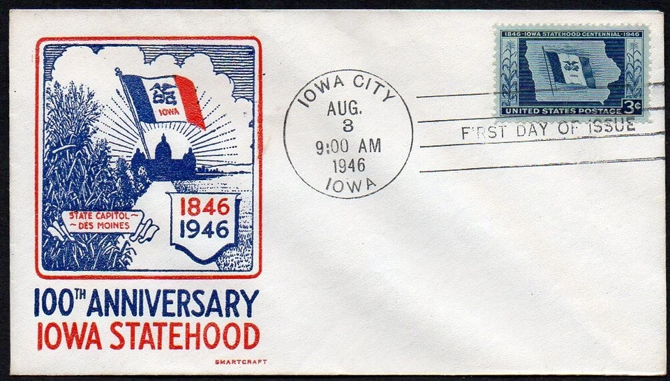#942 3c Iowa Statehood FDC w/ SmartCraft cachet - Image 1 of 1