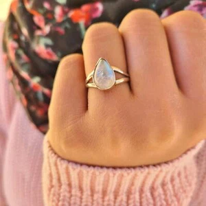 Genuine Moonstone 925 Sterling Silver Pear Shaped Ring Hand Made Ships From USA - Picture 1 of 8