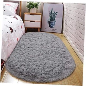 Oval Fluffy Ultra Soft Area Rugs for Bedroom Plush Shaggy 2.6 x 5.3ft Grey - Picture 1 of 8