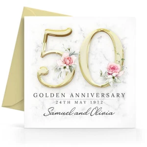 Personalised 50th Golden Wedding Anniversary Card with Printed Number & Flowers - Picture 1 of 5