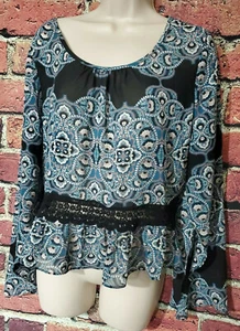 Charlotte Russe Womens Black Teal Split Sleeve Paisley Boho Tunic Top Size M - Picture 1 of 8
