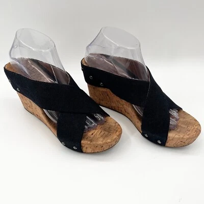 LUCKY BRAND Women's Sz 9-1/2 Mykayla Black Criss-Cross Canvas Cork Wedge Sandals - Image 1 of 4