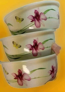 *LOCK & LOCK* 3 BOWLS/DISHES CERAMIC~IRIS FLOWERS & BUTTERFLIES 6 1/4" X 2 1/4" - Picture 1 of 19