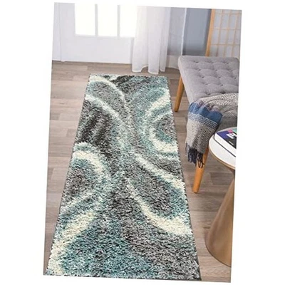  Acogedora alfombra de felpa azul contemporánea - suave sin desprendimiento para pasillo,  Foto 1 de 4