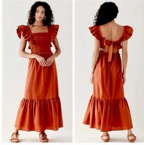 SEA NY Isla gesmoktes Stufen Midikleid Flatterärmel rost Gr. XS Sezane Rüschen - Bild 1 von 9