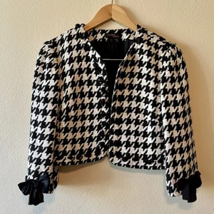 Cynthia Howie 100% seta pied de poule crop giacca nastri donna 10P nero bianco - Foto 1 di 10
